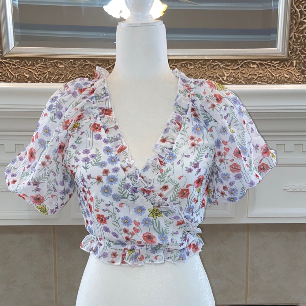 NWT 70F/21C V-Neck Bubble Short Sleeve Multicolor Top